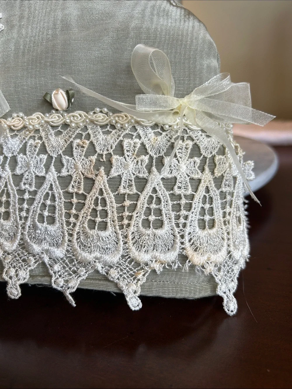 Tea pot cozy from Sweet Necessi Teas lace pearls satin bows roses formal.
